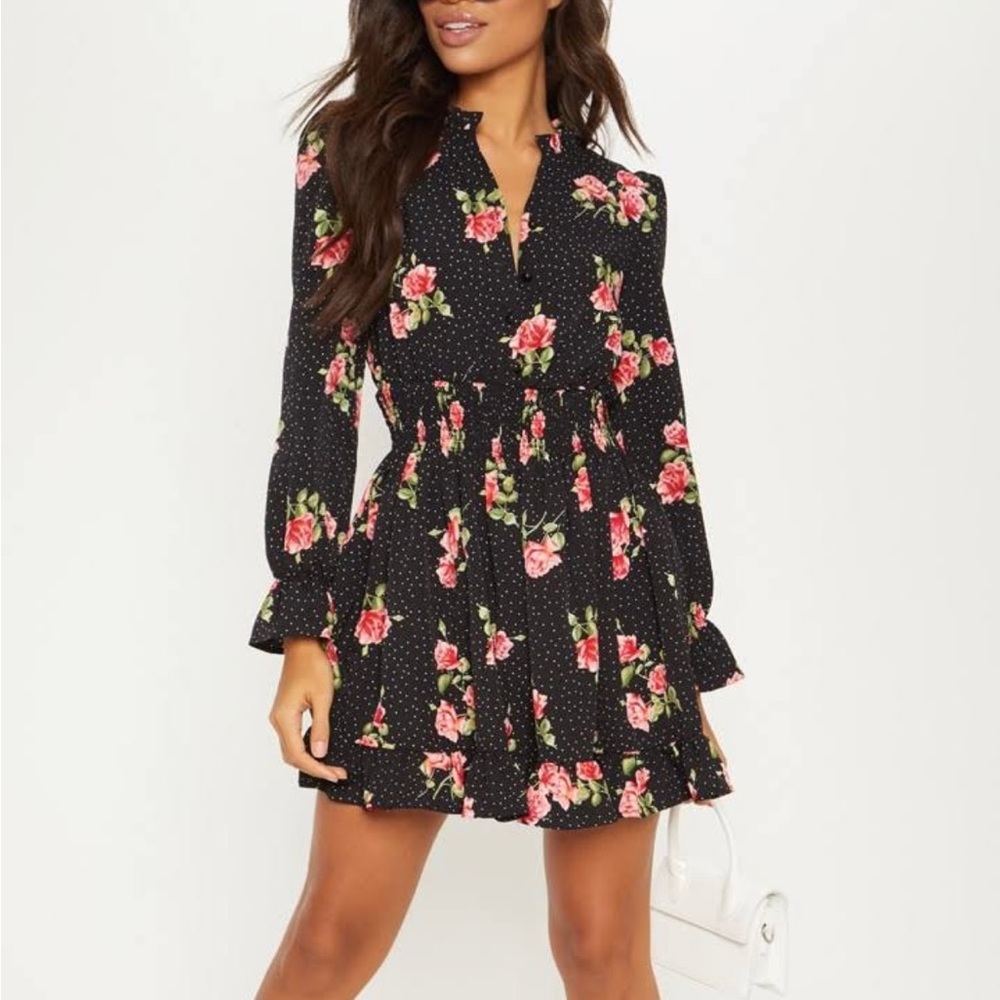 Black Floral Polka Dot Shirred Waist Shirt Dress